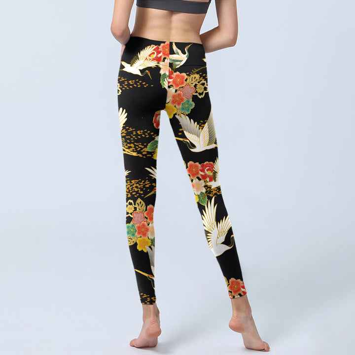 Buddha Stones Red-Crowned Cranes Colorful Floral Pattern Print Gym Leggings Women's Yoga Pants - image 7