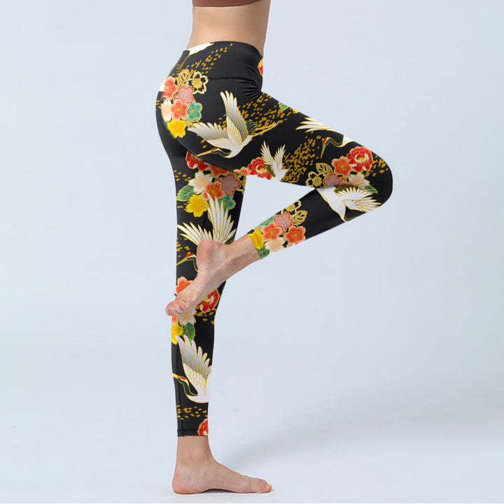 Buddha Stones Red-Crowned Cranes Colorful Floral Pattern Print Gym Leggings Women's Yoga Pants - image 5