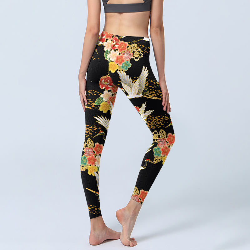 Buddha Stones Red-Crowned Cranes Colorful Floral Pattern Print Gym Leggings Women's Yoga Pants - image 4