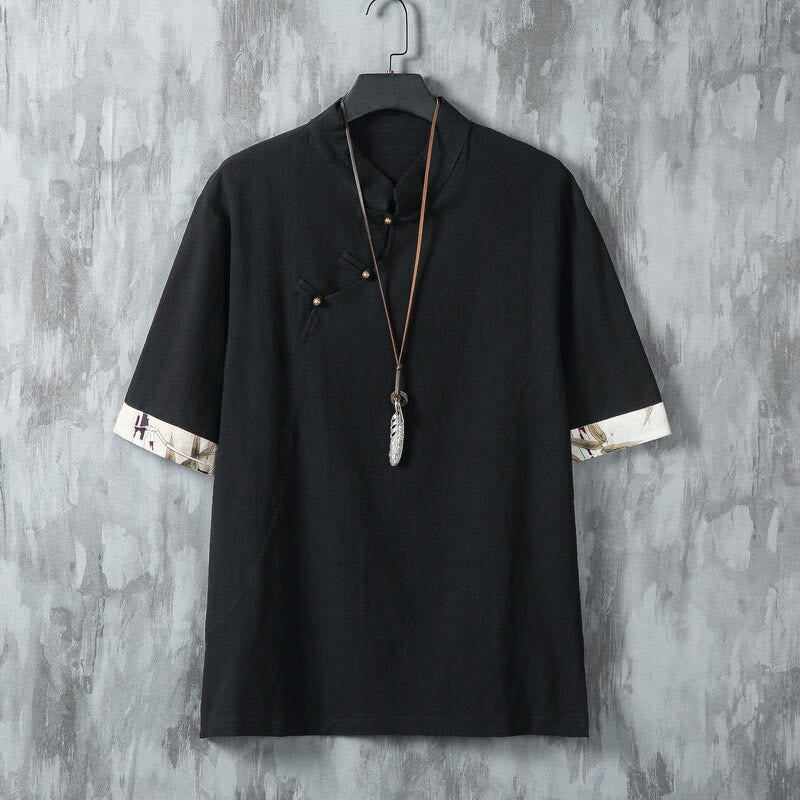 Buddha Stones Summer Chinese Frog-Button Printing Men's Plain Patchwork Half Sleeve Cotton Linen Shirt - Black - US/UK/AU46,EU56 (5XL) - image 7