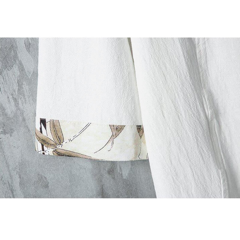 Buddha Stones Summer Chinese Frog-Button Printing Men's Plain Patchwork Half Sleeve Cotton Linen Shirt - image 4