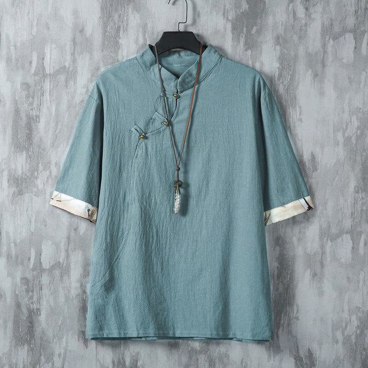 Buddha Stones Summer Chinese Frog-Button Printing Men's Plain Patchwork Half Sleeve Cotton Linen Shirt - LightSeaGreen - US/UK/AU46,EU56 (5XL) - image 0