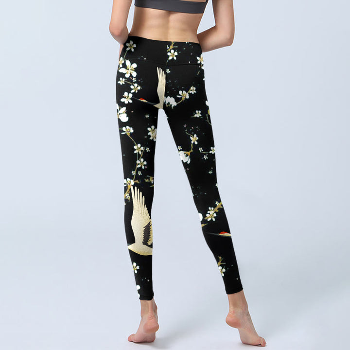 Buddha Stones Red-crowned Cranes Plum Blossoms Pattern Print Gym Leggings Women's Yoga Pants - image 7