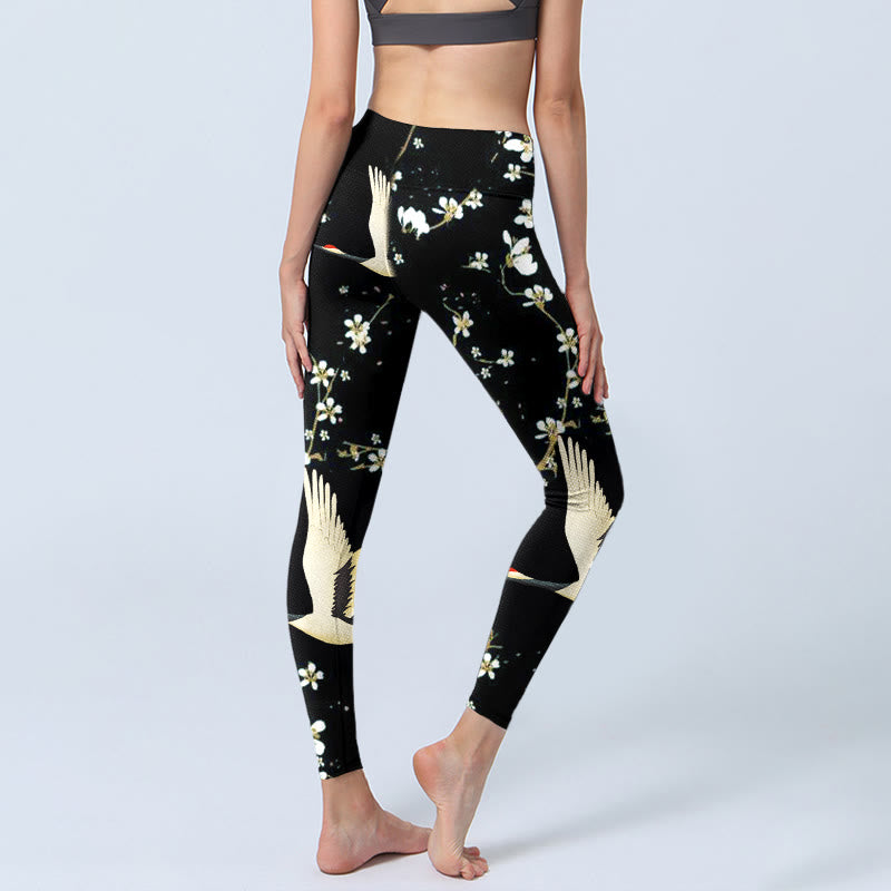 Buddha Stones Red-crowned Cranes Plum Blossoms Pattern Print Gym Leggings Women's Yoga Pants - image 5