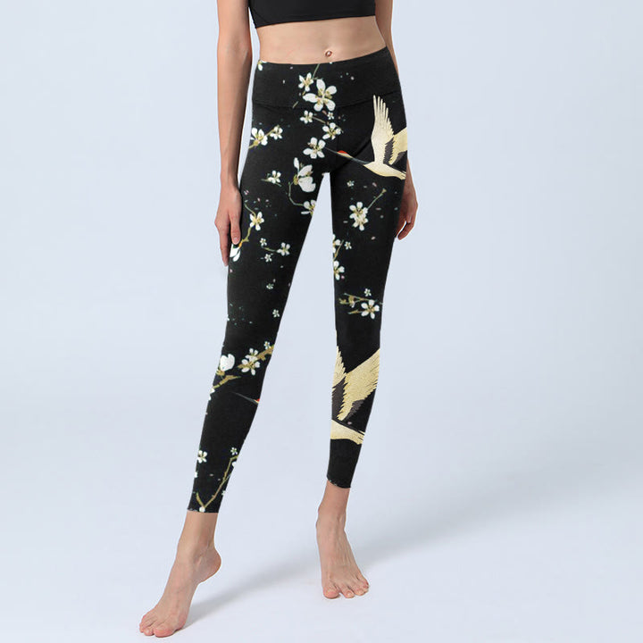 Buddha Stones Red-crowned Cranes Plum Blossoms Pattern Print Gym Leggings Women's Yoga Pants - image 6