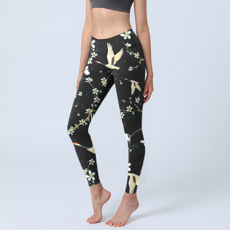 Buddha Stones Red-crowned Cranes Plum Blossoms Pattern Print Gym Leggings Women's Yoga Pants - Black - US18,UK/AU22,EU50 (4XL) - image 1