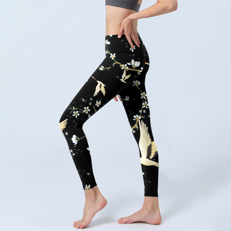 Buddha Stones Red-crowned Cranes Plum Blossoms Pattern Print Gym Leggings Women's Yoga Pants - image 3