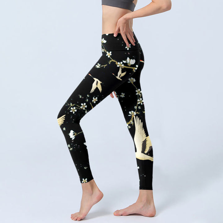 Buddha Stones Red-crowned Cranes Plum Blossoms Pattern Print Gym Leggings Women's Yoga Pants - image 3