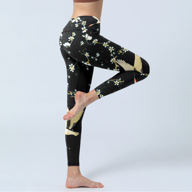 Buddha Stones Red-crowned Cranes Plum Blossoms Pattern Print Gym Leggings Women's Yoga Pants - image 4