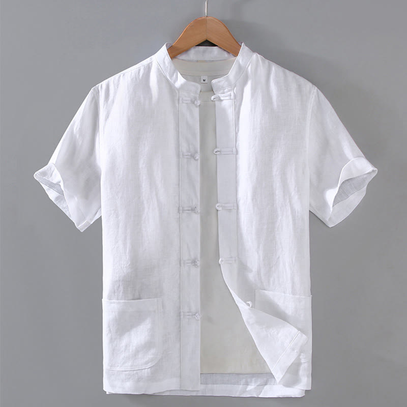 Buddha Stones Vintage Plain Tang Suit Chinese Frog-Button Cotton Linen Men's Shirt With Pockets - White - US/UK/AU46,EU56 (5XL) - image 11