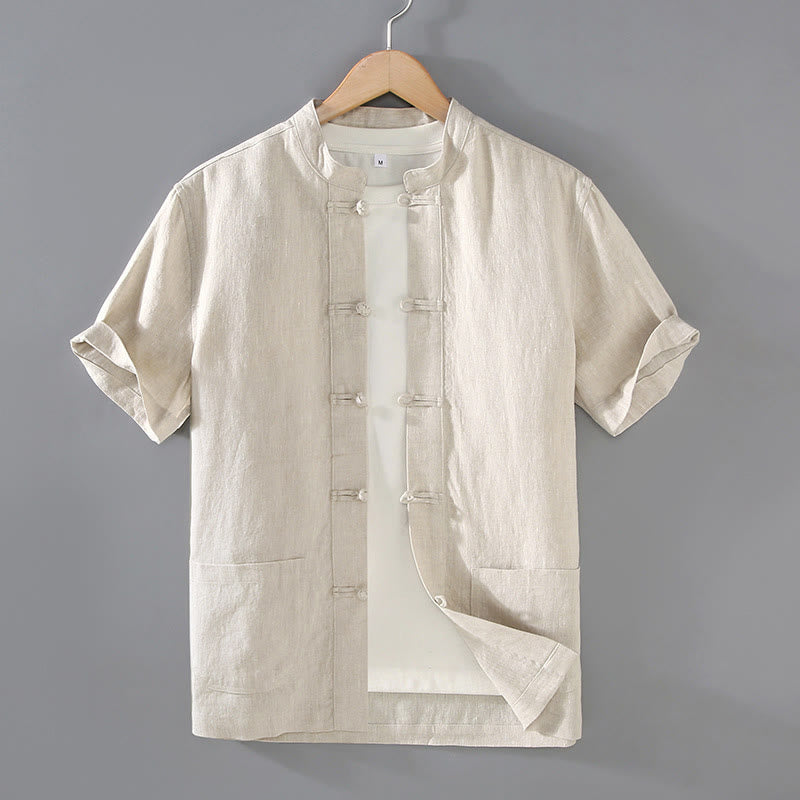 Buddha Stones Vintage Plain Tang Suit Chinese Frog-Button Cotton Linen Men's Shirt With Pockets - Beige - US/UK/AU46,EU56 (5XL) - image 1