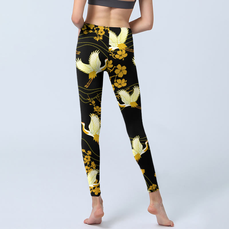 Buddha Stones Red-crowned Cranes Golden Flowers Line Pattern Print Gym Leggings Women's Yoga Pants - image 7