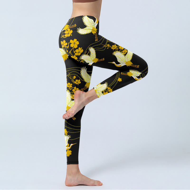 Buddha Stones Red-crowned Cranes Golden Flowers Line Pattern Print Gym Leggings Women's Yoga Pants - image 4