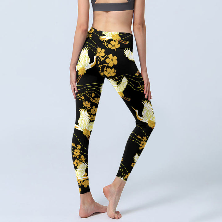 Buddha Stones Red-crowned Cranes Golden Flowers Line Pattern Print Gym Leggings Women's Yoga Pants - image 5