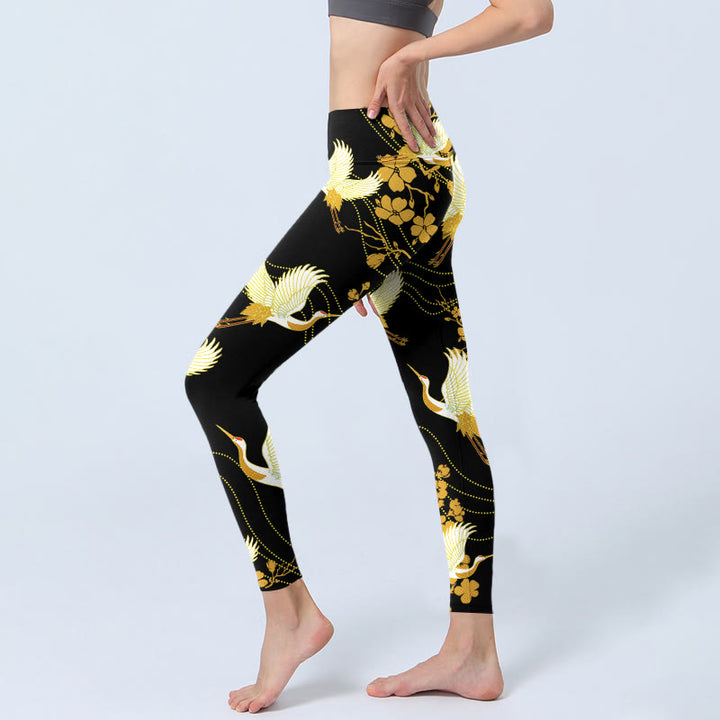 Buddha Stones Red-crowned Cranes Golden Flowers Line Pattern Print Gym Leggings Women's Yoga Pants - image 3