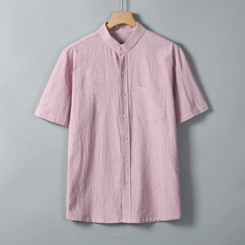 Buddha Stones Daily Printing Solid Color Single Breasted Men's Short Sleeve Cotton Linen Shirt WIth Pockets - Pink - US/UK/AU46,EU56 (5XL) - image 10
