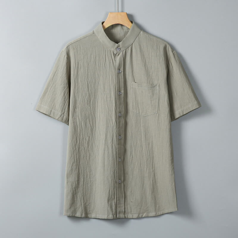 Buddha Stones Daily Printing Solid Color Single Breasted Men's Short Sleeve Cotton Linen Shirt WIth Pockets - DarkKhaki - US/UK/AU46,EU56 (5XL) - image 12