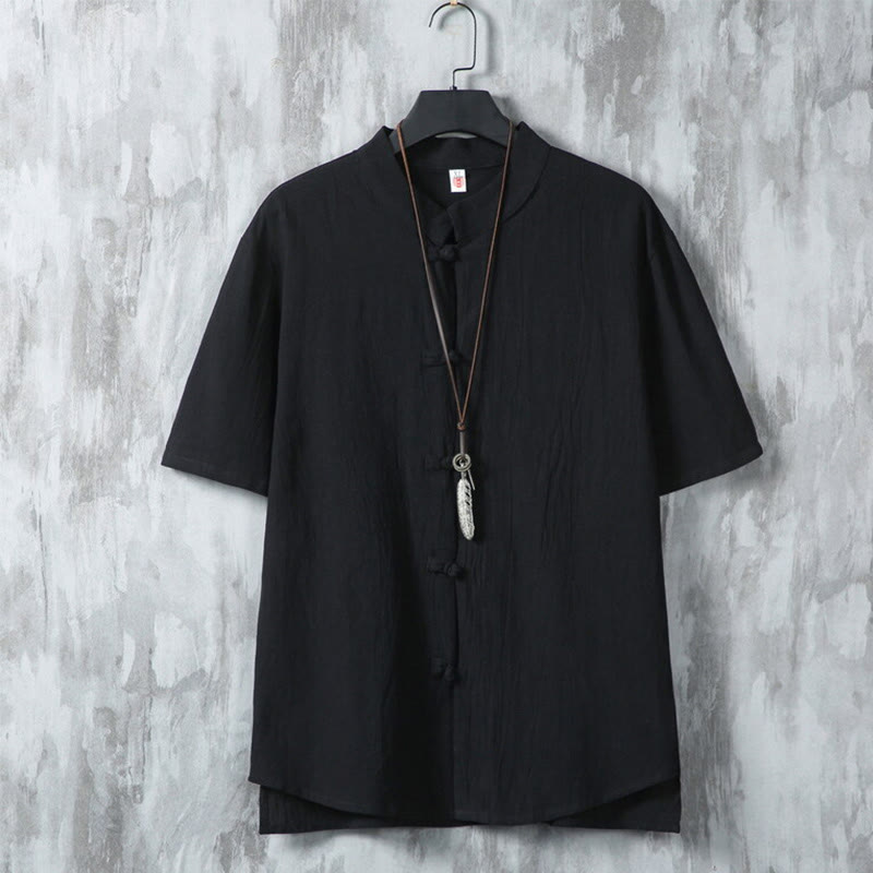 Buddha Stones Daily Casual Plain Chinese Frog-Button Men's Short Sleeve Cotton Linen Shirt - Black - US/UK/AU46,EU56 (5XL) - image 10