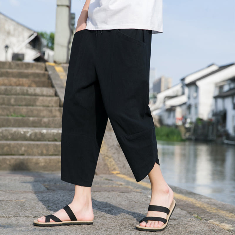 Buddha Stones Summer Casual Simple Plain Tapered Design Drawstring Men's  7-8 Length Cotton Linen Pants With Pockets - image 5