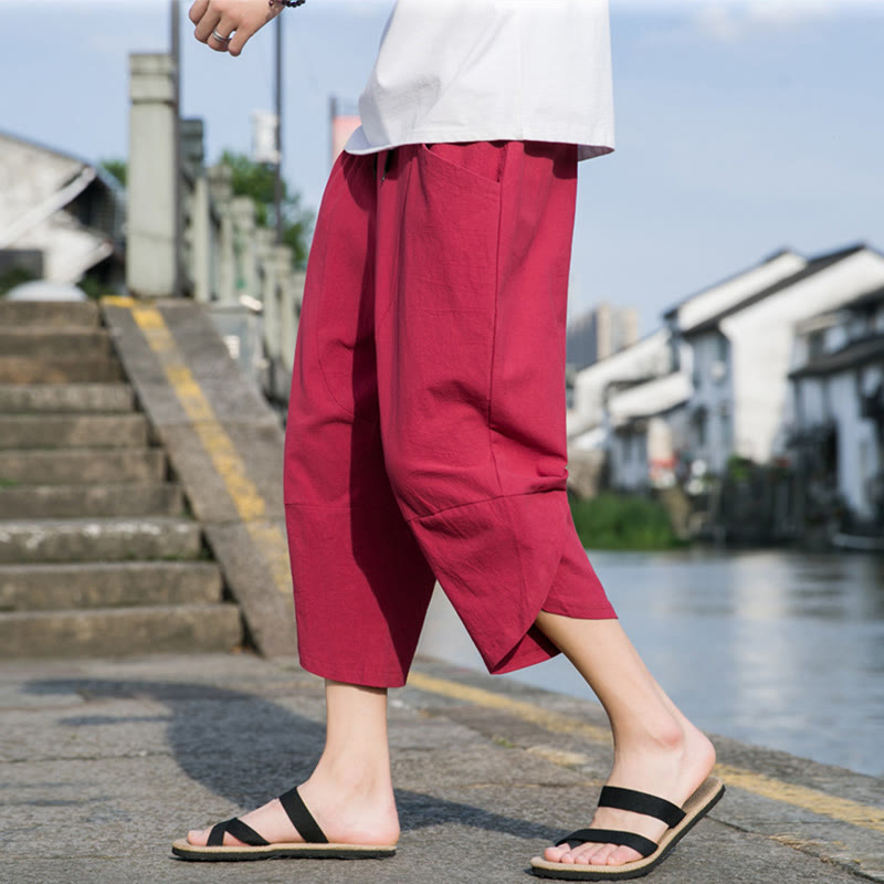 Buddha Stones Summer Casual Simple Plain Tapered Design Drawstring Men's  7-8 Length Cotton Linen Pants With Pockets - Crimson - US/UK/AU46,EU56 (5XL) - image 21