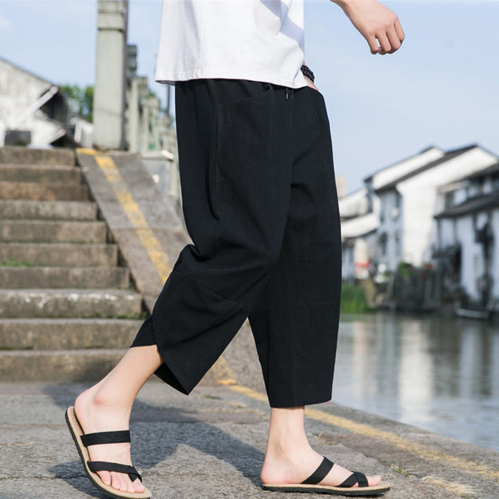 Buddha Stones Summer Casual Simple Plain Tapered Design Drawstring Men's  7-8 Length Cotton Linen Pants With Pockets - Black - US/UK/AU46,EU56 (5XL) - image 4