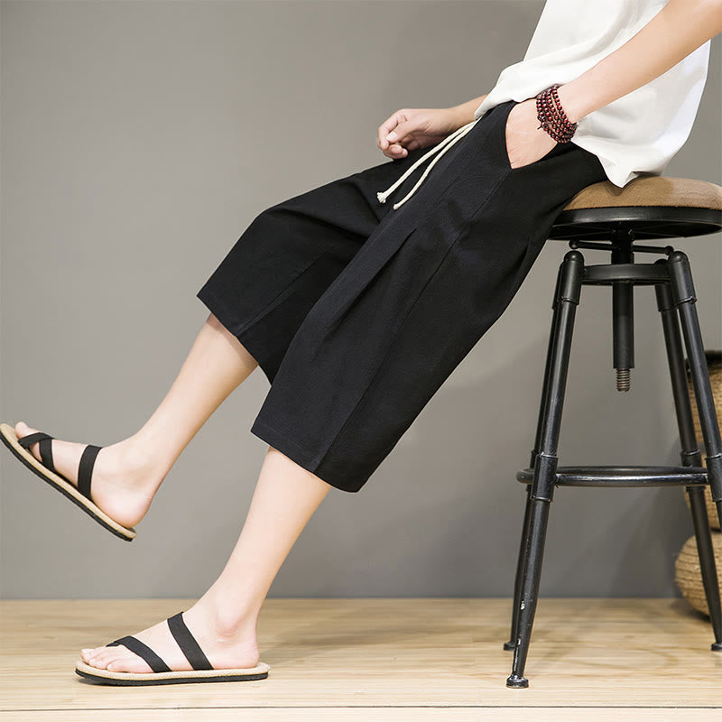 Buddha Stones Casual Summer Drawstring Solid Color Cropped Cotton Linen Men's Harem Pants With Pockets - Black - US/UK/AU46,EU56 (5XL) - image 13