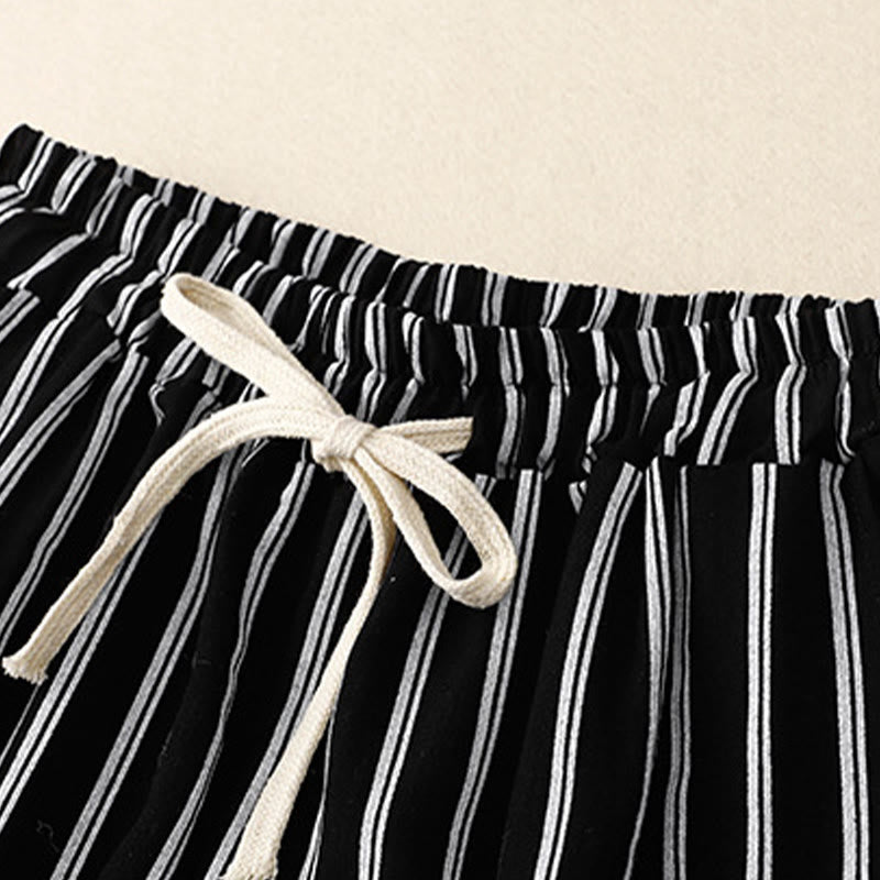 Buddha Stones Casual Acrylic Stripe Lace-up Women's Wide Leg Pants With Pockets