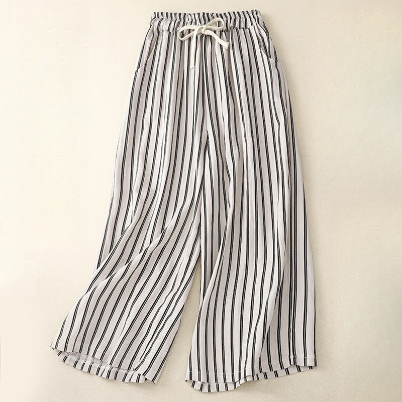 Buddha Stones Casual Acrylic Stripe Lace-up Women's Wide Leg Pants With Pockets