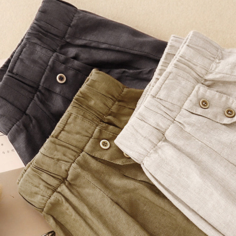 Buddha Stones Summer Plain Casual 7-8 Length Buttons Women's Cotton Linen Harem Pants With Pockets - image 20