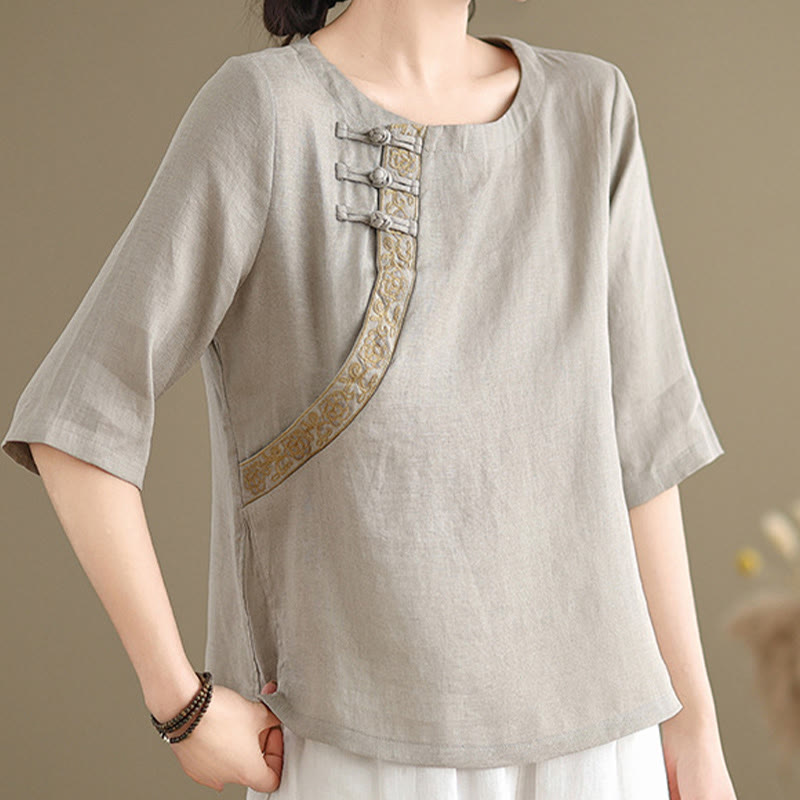 Buddha Stones Casual Women's Embroidered Flower Pattern Frog-Button Crew Neck Design Half Sleeve Cotton Linen Shirt - image 1