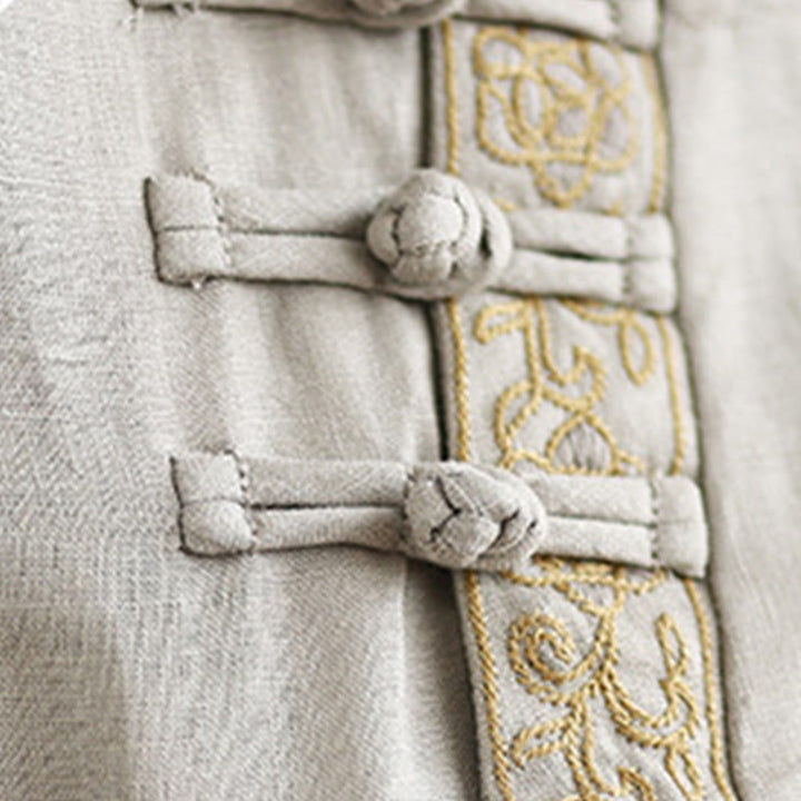 Buddha Stones Casual Women's Embroidered Flower Pattern Frog-Button Crew Neck Design Half Sleeve Cotton Linen Shirt - image 10