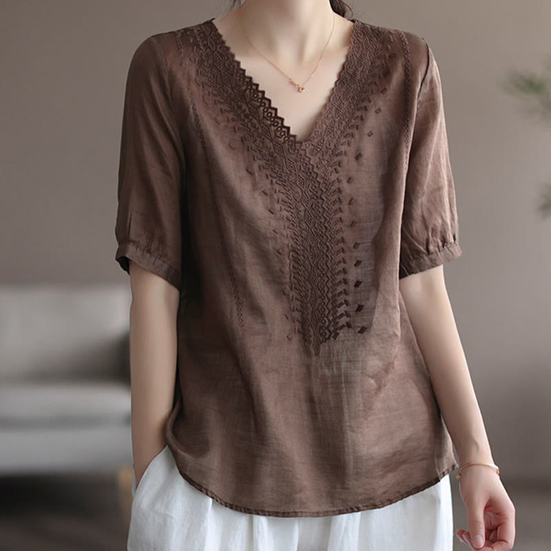 Buddha Stones Summer Casual Embroidered Pattern Women's V-Neck Design Half Sleeve Cotton Linen T-shirt - Sienna - US8-10,UK/AU12-14,EU40-42 (2XL) - image 6