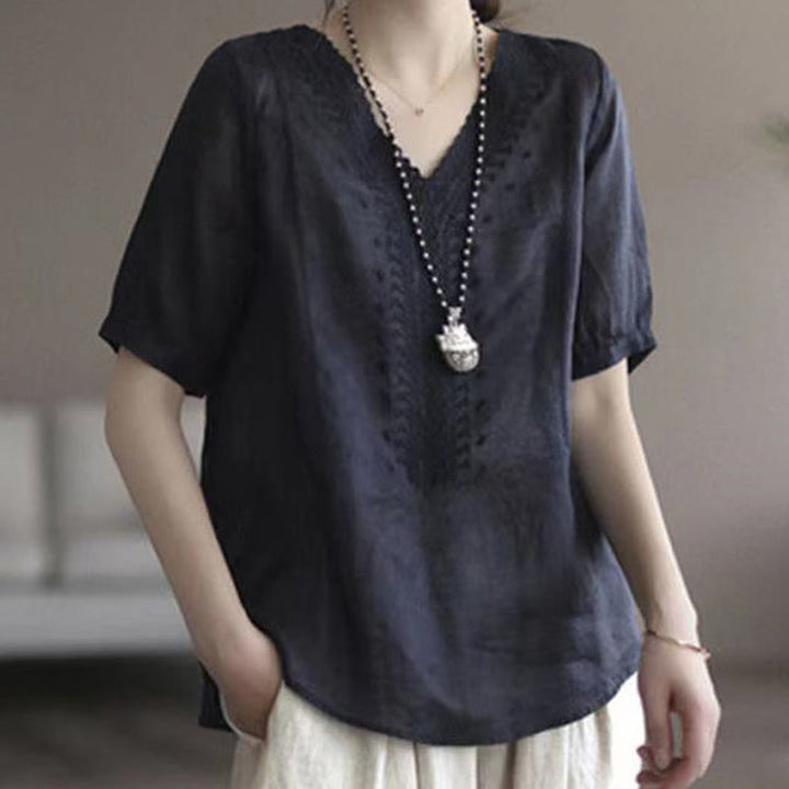 Buddha Stones Summer Casual Embroidered Pattern Women's V-Neck Design Half Sleeve Cotton Linen T-shirt - Black - US8-10,UK/AU12-14,EU40-42 (2XL) - image 12