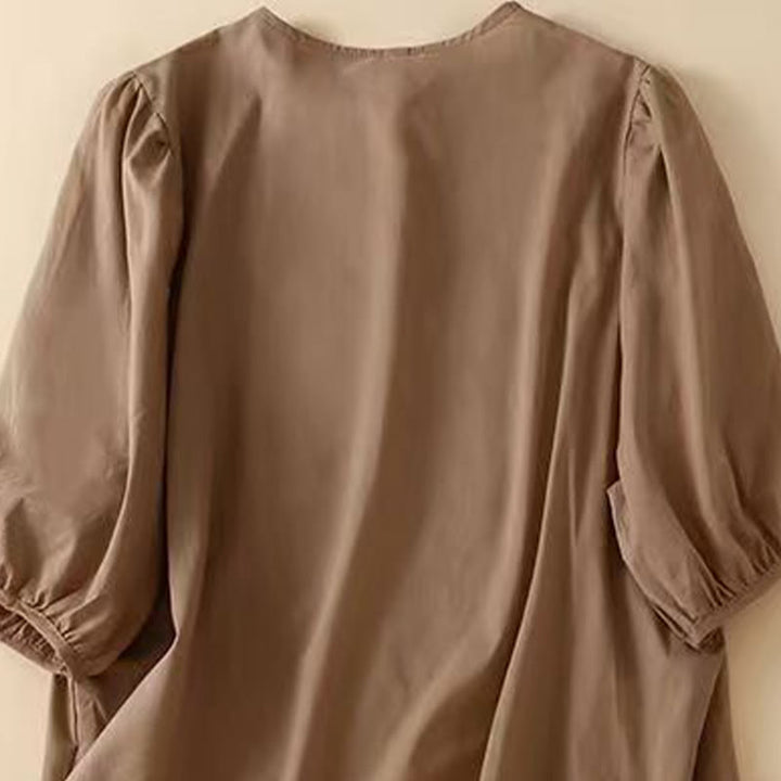 Buddha Stones Casual Women's Embroidered Flower Pattern Crew Neck Design Half Sleeve Cotton Linen Shirt - image 1