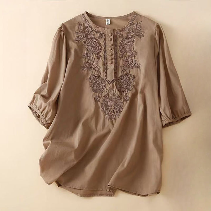 Buddha Stones Casual Women's Embroidered Flower Pattern Crew Neck Design Half Sleeve Cotton Linen Shirt - SaddleBrown - US8-10,UK/AU12-14,EU40-42 (2XL) - image 0