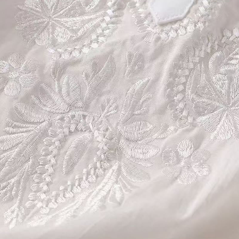 Buddha Stones Casual Women's Embroidered Flower Pattern Crew Neck Design Half Sleeve Cotton Linen Shirt - image 12