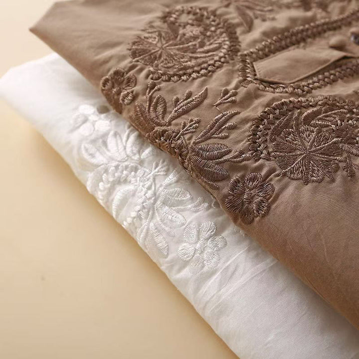 Buddha Stones Casual Women's Embroidered Flower Pattern Crew Neck Design Half Sleeve Cotton Linen Shirt - image 16