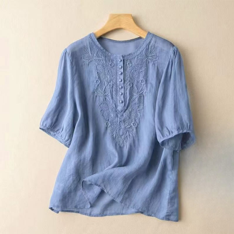 Buddha Stones Casual Women's Embroidered Flower Pattern Crew Neck Design Half Sleeve Cotton Linen Shirt - CornflowerBlue - US8-10,UK/AU12-14,EU40-42 (2XL) - image 17