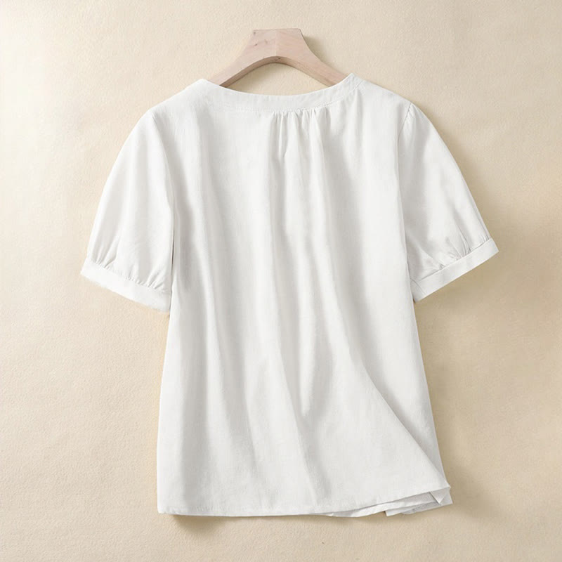 Buddha Stones Casual Women's Plain Crew Neck Button Design Half Sleeve Cotton Linen Shirt - image 3