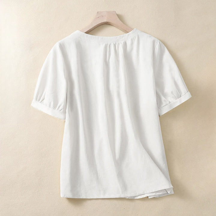 Buddha Stones Casual Women's Plain Crew Neck Button Design Half Sleeve Cotton Linen Shirt - image 3