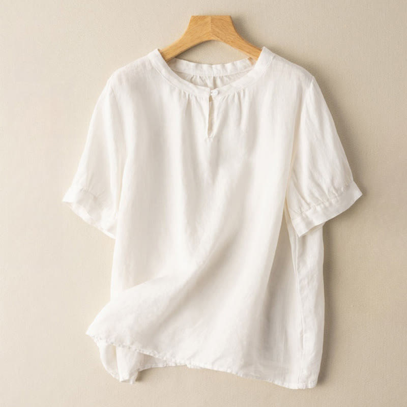 Buddha Stones Casual Women's Plain Crew Neck Button Design Half Sleeve Cotton Linen Shirt - Snow - US8-10,UK/AU12-14,EU40-42 (2XL) - image 2