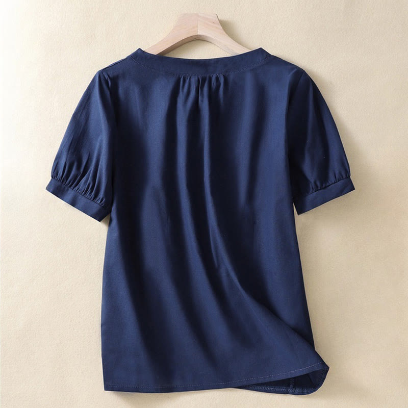 Buddha Stones Casual Women's Plain Crew Neck Button Design Half Sleeve Cotton Linen Shirt - image 7