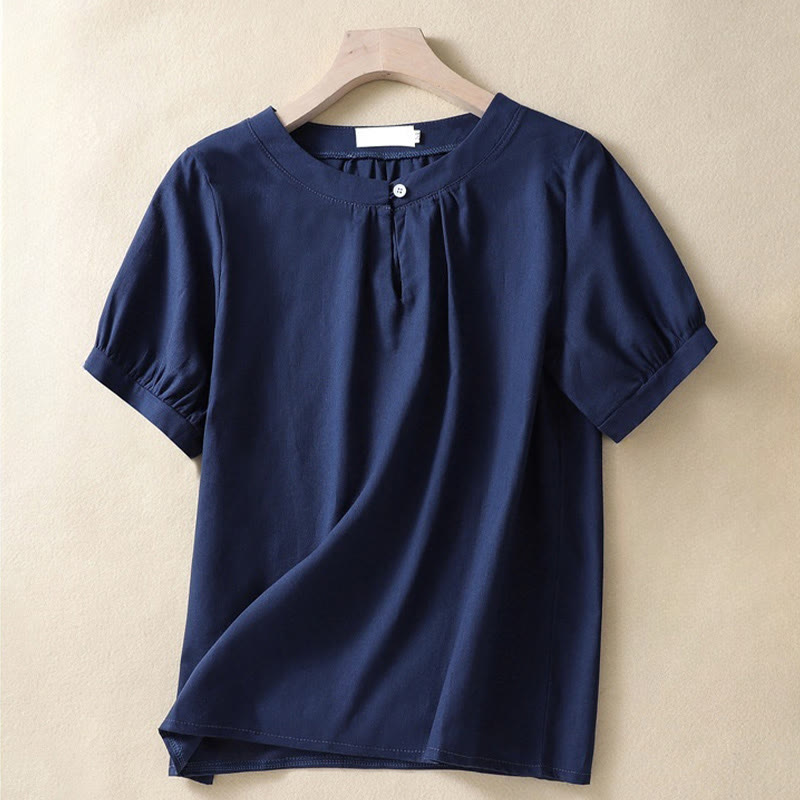 Buddha Stones Casual Women's Plain Crew Neck Button Design Half Sleeve Cotton Linen Shirt - Navy - US8-10,UK/AU12-14,EU40-42 (2XL) - image 6