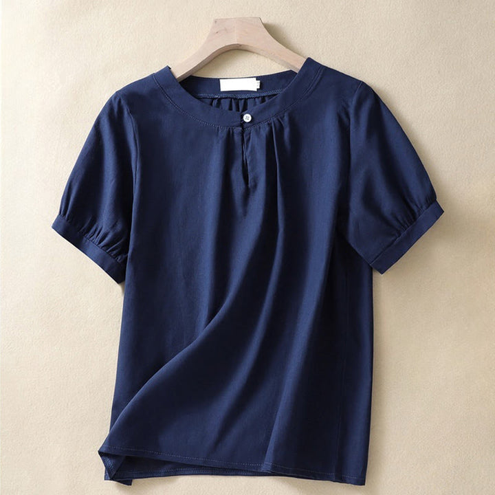 Buddha Stones Casual Women's Plain Crew Neck Button Design Half Sleeve Cotton Linen Shirt - Navy - US8-10,UK/AU12-14,EU40-42 (2XL) - image 6