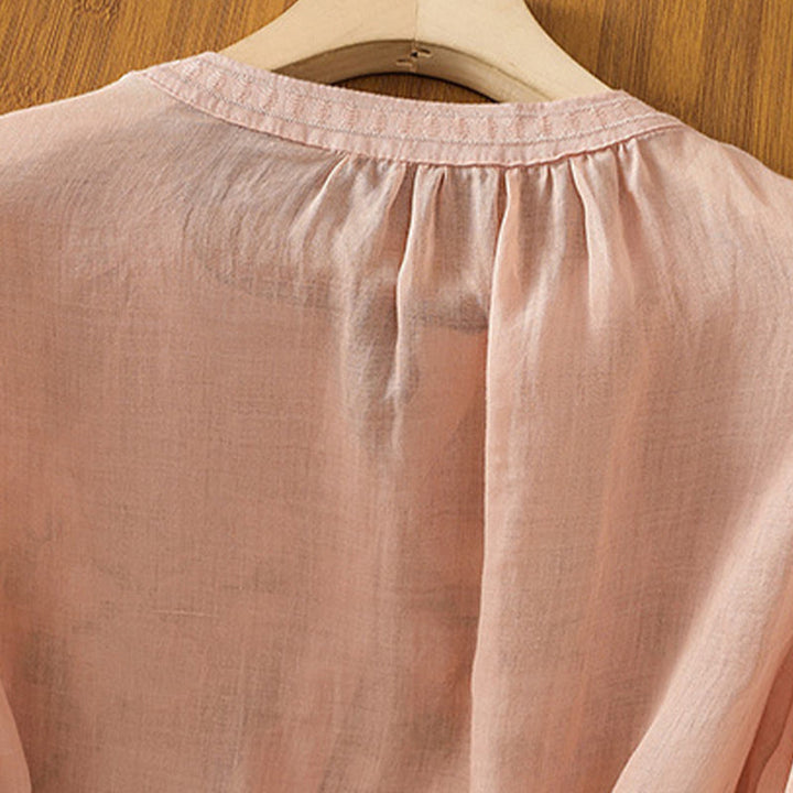 Buddha Stones Casual Women's Flowers Green Leaves Embroidery Pattern V-Neck Design Half Sleeve Cotton Linen Shirt - image 5