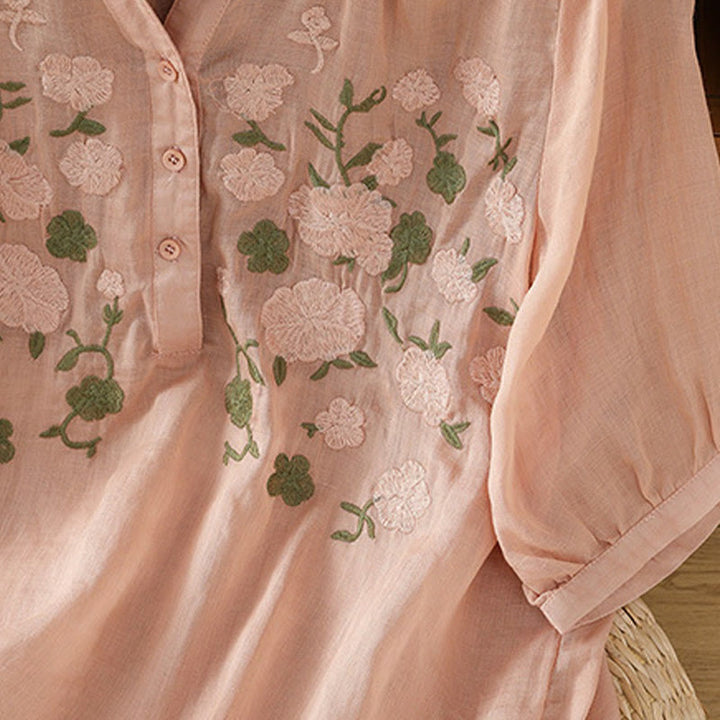 Buddha Stones Casual Women's Flowers Green Leaves Embroidery Pattern V-Neck Design Half Sleeve Cotton Linen Shirt - image 8