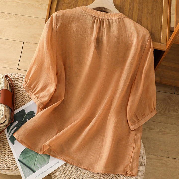 Buddha Stones Casual Women's Flowers Green Leaves Embroidery Pattern V-Neck Design Half Sleeve Cotton Linen Shirt - image 20