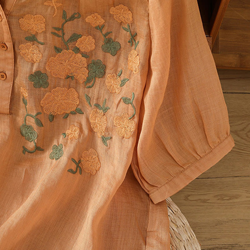 Buddha Stones Casual Women's Flowers Green Leaves Embroidery Pattern V-Neck Design Half Sleeve Cotton Linen Shirt - image 18