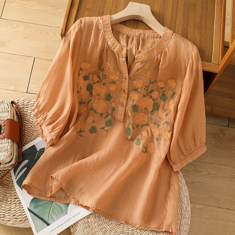 Buddha Stones Casual Women's Flowers Green Leaves Embroidery Pattern V-Neck Design Half Sleeve Cotton Linen Shirt - SandyBrown - US8-10,UK/AU12-14,EU40-42 (2XL) - image 16