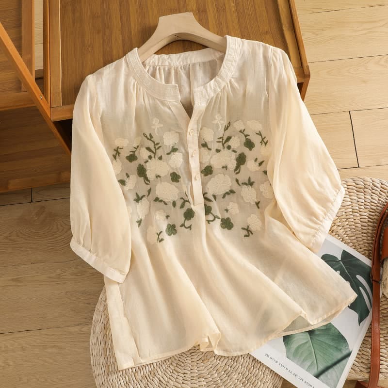 Buddha Stones Casual Women's Flowers Green Leaves Embroidery Pattern V-Neck Design Half Sleeve Cotton Linen Shirt - PapayaWhip - US8-10,UK/AU12-14,EU40-42 (2XL) - image 9